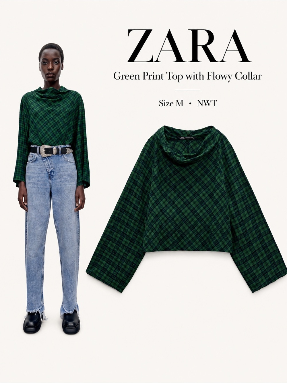 Zara Green Black Plaid Print Top Size M NWT Flowy Collar Long Sleeve Blouse